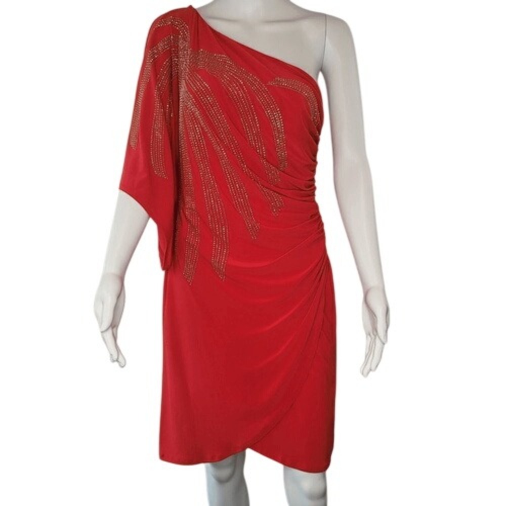 Bisou Bisou Red One Shoulder Dress with Gold Accents